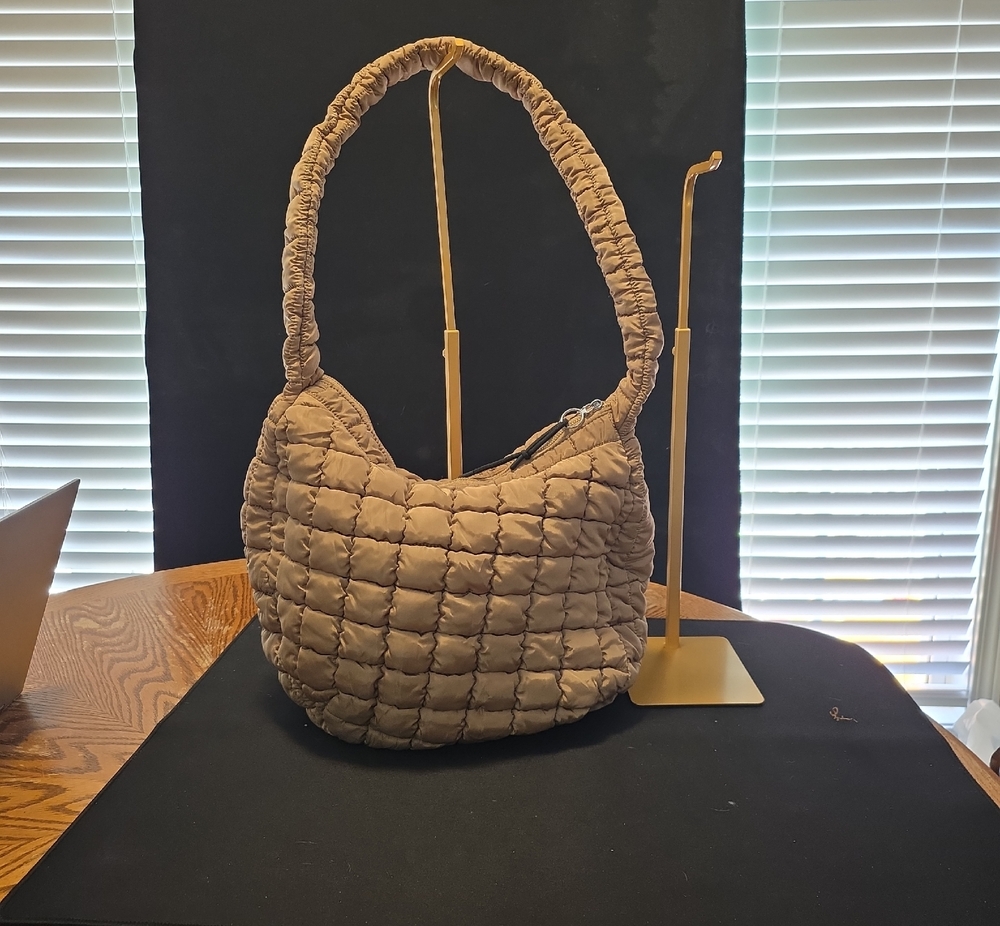 Quilted Hobo Shoulder Bag in Taupe